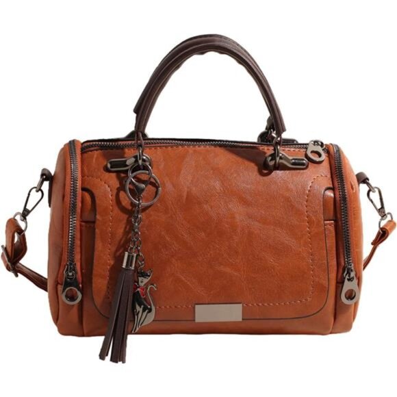 Women’s Small Satchel Purse, PU Leather Brown - Picture 1 of 6